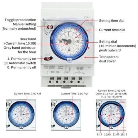 Mekanisk poolur 16A 250V Timer Pool Vandvarmer Ur 15 minutter 24 timer til hjemmet, køkkenet, indendørs, udendørs udendørs belysning