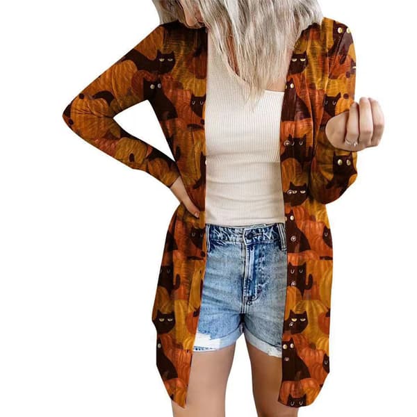 Dam Öppen Front Tyg Halloween Långärmad Casual Höst Orange Kappa M