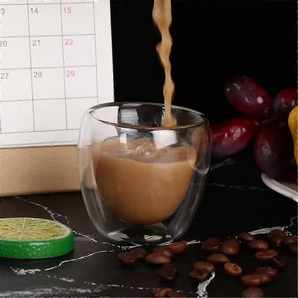 Sæt med 6 dobbeltvæggede klare kaffekopper i glas med termisk isolering, 80 ml hver.