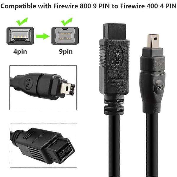 JUNSUNMAY FireWire High-Speed ​​High-Quality DV 800 9-bens han til FireWire 400 4-bens han IEEE 1394-kabel