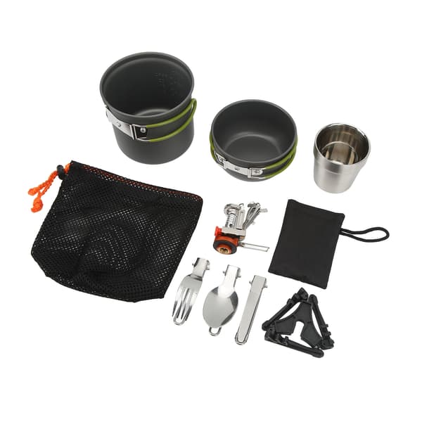Bärbar campingköksutrustning med spis och hopfällbara aluminiumredskap