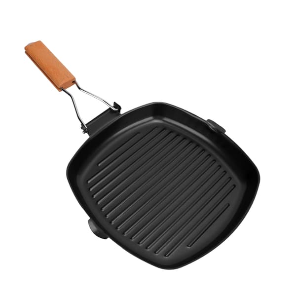 Non-stick stegepande i smedejern med foldbart træhåndtag til camping, 24 cm.