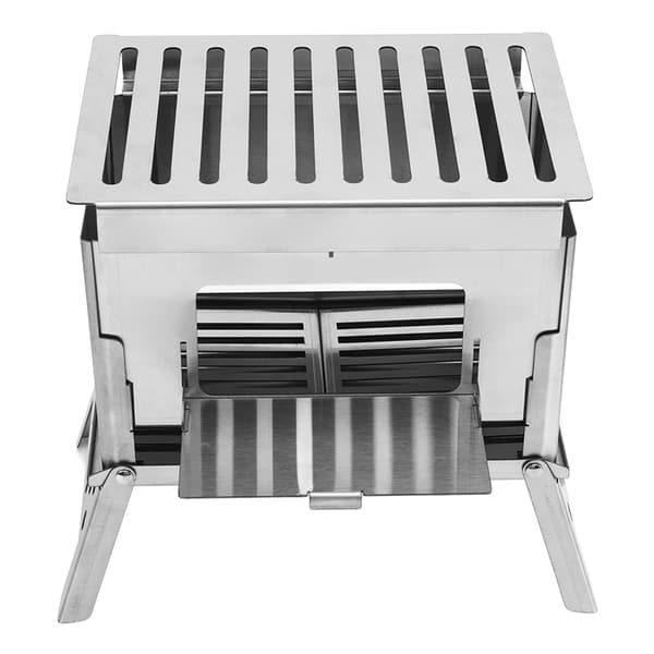 Bærbar sammenleggbar vedovn i rustfritt stål for camping, grilling og utendørs bruk.
