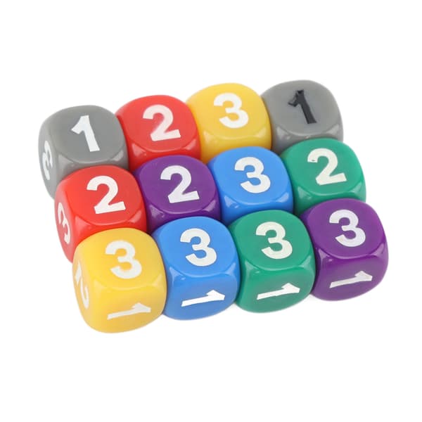 12 farverige 6-sidede plastikterninger med afrundede hjørner til undervisning i matematik og tælling