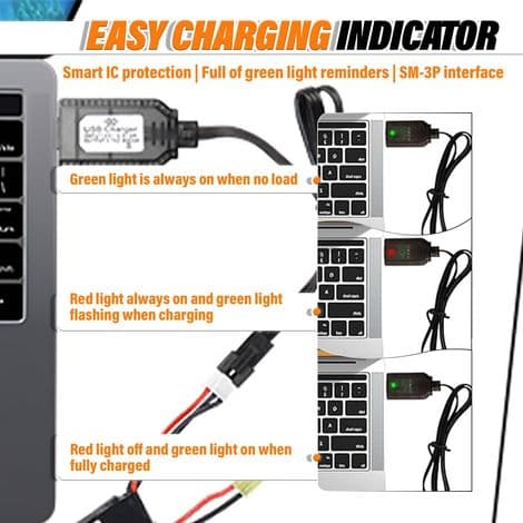 2-delt 7,4V USB-opladerkabel til RC-biler, RC-både, RC-droner, RC-fly og andet fjernstyret legetøj
