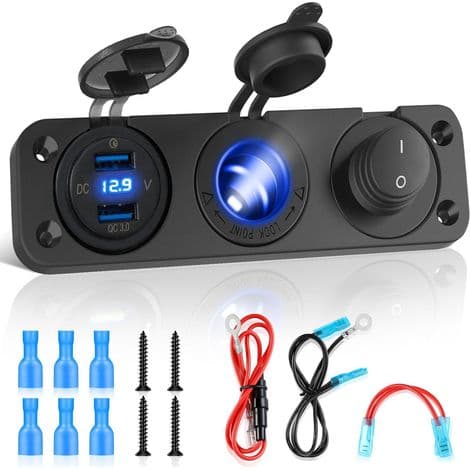 Billaddare omkopplarpanel, 12V-24 dubbla QC3.0 USB-portar + PD-port + vippströmbrytare (B)