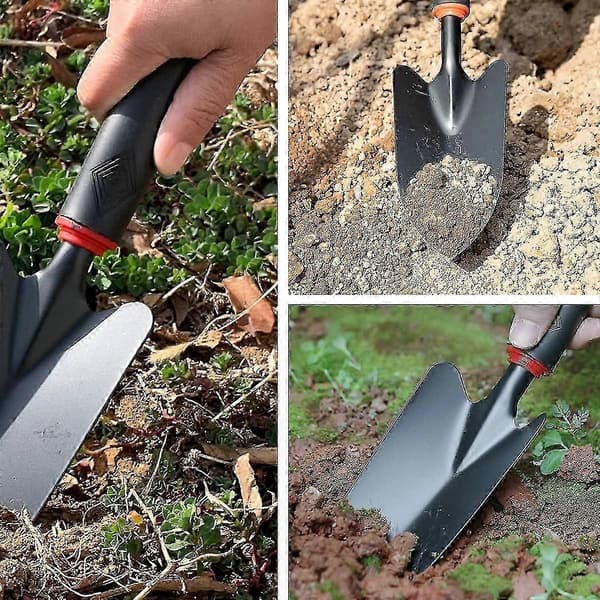 Metallhagespade med komfortabelt plasthåndtak for planting og omplanting av blomster.