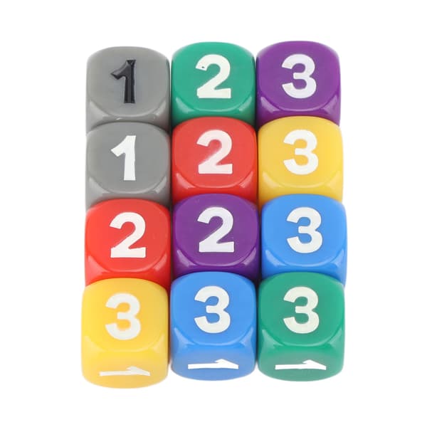 12 farverige 6-sidede plastikterninger med afrundede hjørner til undervisning i matematik og tælling