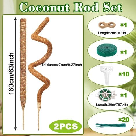Set med 2 växtstöd, 160 cm, kokosfiber växtpinne, 7 mm bred, Monstera mossrör, Monstera mossstöd för inomhusträdgård