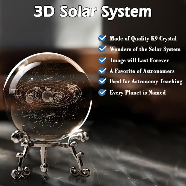 3D solsystem krystallkule 2,4\" astronomigaver for kvinner menn solsystemmodell glasspapirvekt.