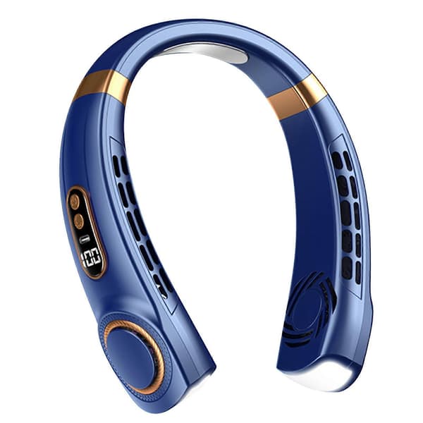 Bærbar halsventilator, 1800 mAh, genopladelig via USB-C og USB, 5 hastigheder (blå)
