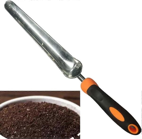 Transplanter i rustfritt stål med ergonomisk og komfortabelt håndtak for presis rotbeskyttelse.