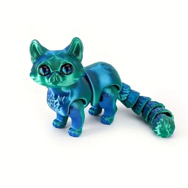 Populært 3D-printet legetøj: Besiddende Kat (12 cm lang) - Rød og blå plys