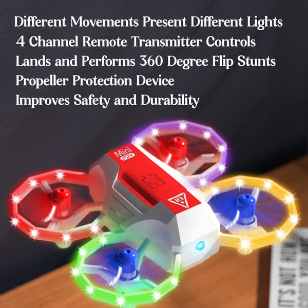 Minidrönare för barn med LED-lampor, fjärrkontroll, vit, 2 batterier ingår