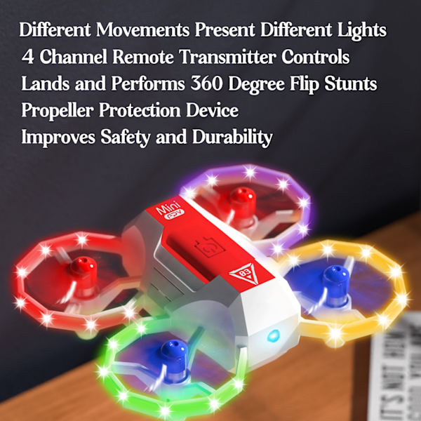 Minidrone for barn med LED-lys, fjernkontroll, hvit, 2 batterier inkludert