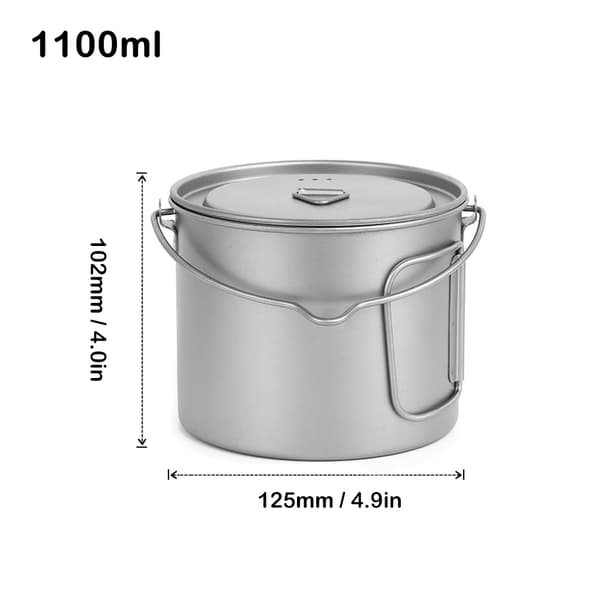 Lett, bærbar 1100 ml titankjele med sammenleggbart håndtak og lokk.