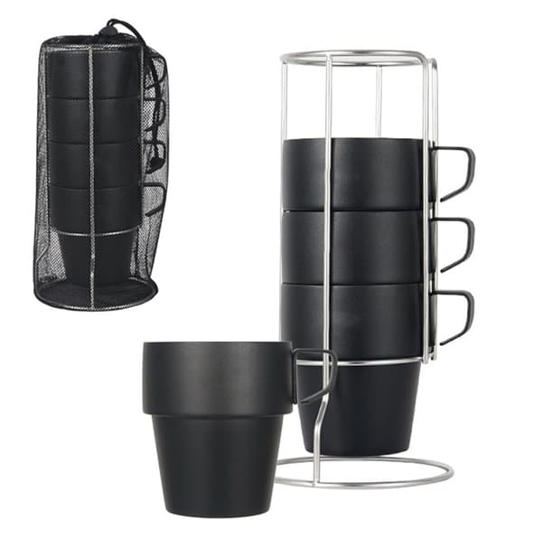 Set med 4 stapelbara kaffekoppar med ställ, 304 rostfritt stål isolerade, för camping