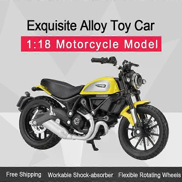 Ducati Scrambler trykstøbt motorcykelmodel med bevægelige støddæmpere, børnelegetøj, gave samleobjekt.