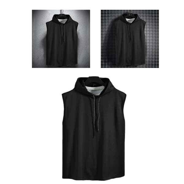Ærmeløs hættetrøje til mænd med elastisk hals, sort, 2XL, til fitness og træning