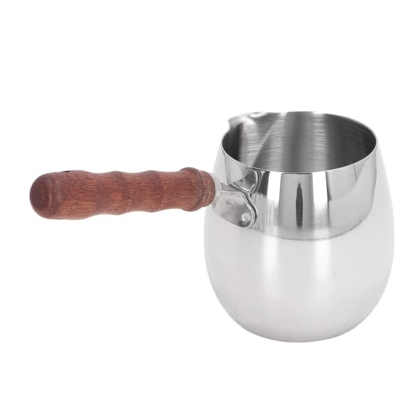 Mini melkevarmer i 304 rustfritt stål med trehåndtak, 300 ml, for smør eller kaffe.