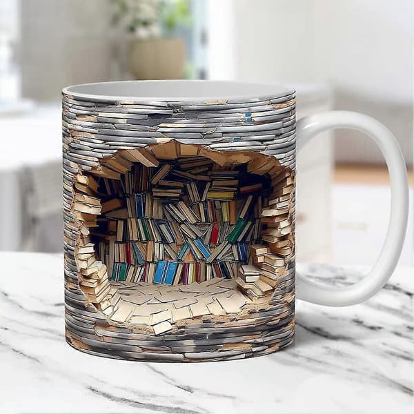 3D Bibliotekskrus - Bogformet krus med 3D-effekt, kreativt design til dit rum, alsidigt.