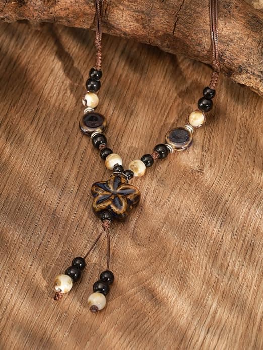Boho Hippie Blomkeramiska Pärlor Berlock Y-Halsband, Bohemiskt Sommar Statement Smyckesgåva för Kvinnor