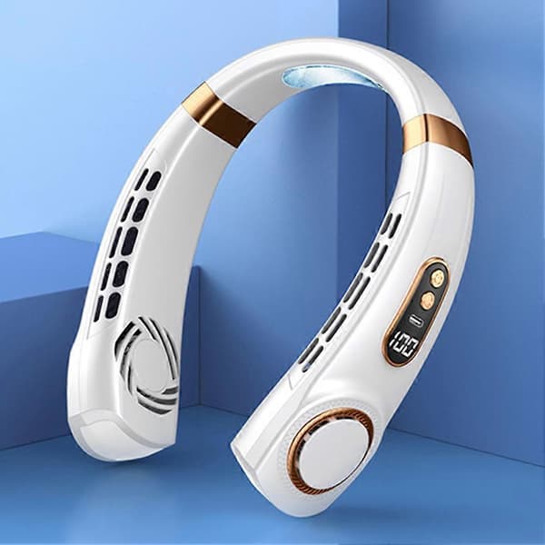 Bærbar halsventilator, 1800 mAh, genopladelig via USB-C og USB, 5 hastigheder (hvid)