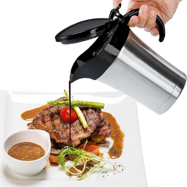 Dobbeltvægget isoleret sovseskål, lavet af rustfrit stål med låg, ideel til sovs, 750 ml.