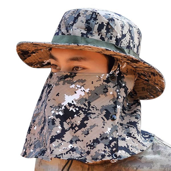 Fiskehat med solbeskyttelse, UV-skjold, justerbar, vindtæt, camouflage solhat