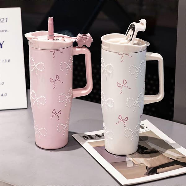 Elegant isolert vannflaske, 1200 ml, rustfritt stål, rosa sløyfe.