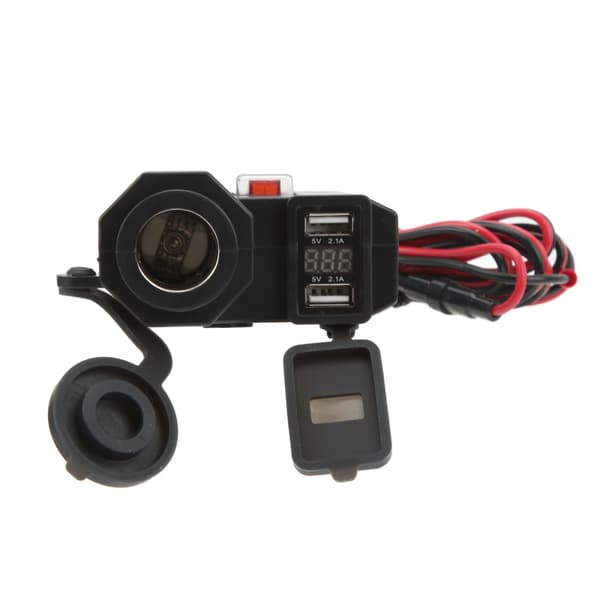 Dobbel USB Motorsykkellader 12V Vanntett med Digital Voltmeter og Sigarettuttak