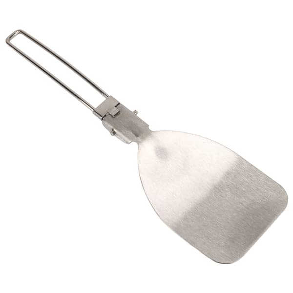 Sammenfoldelig spatel lavet af 304 rustfrit stål med låsemekanisme, let og bærbar til camping og madlavning.