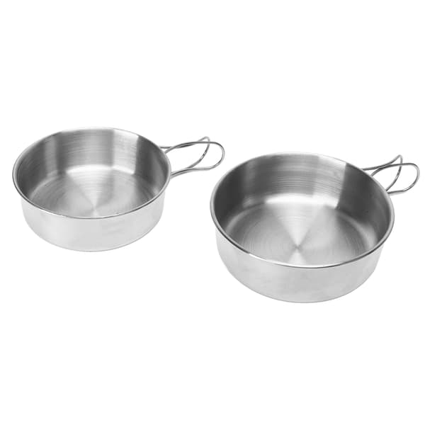 Bærbar skål i rustfritt stål med sammenleggbart håndtak for camping og matlaging.