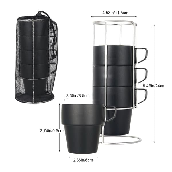 Set med 4 stapelbara kaffekoppar med ställ, 304 rostfritt stål isolerade, för camping