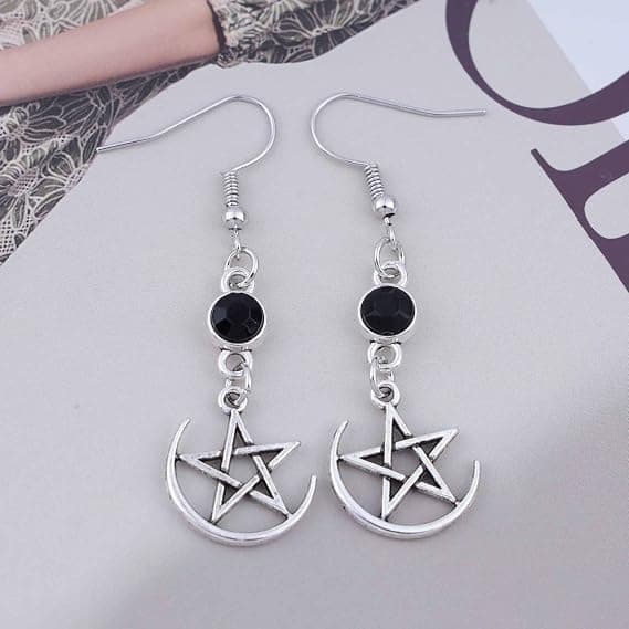 Boho Stjerne Måne Dingle Øredobber Sølv Lange Pentagram Måne Øredobber Runde Onyx Dråpe Øredobber Fem.