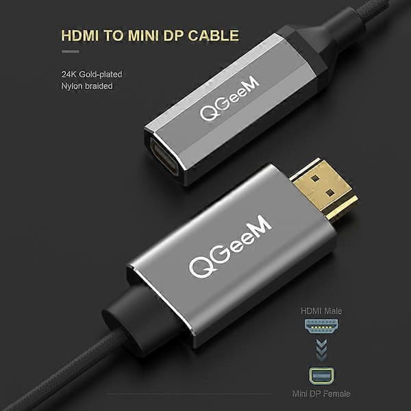 QGeeM HDMI enkelport till Mini DP-omvandlaradapterkabel, stöder UHD 4K@30Hz, plug and play.