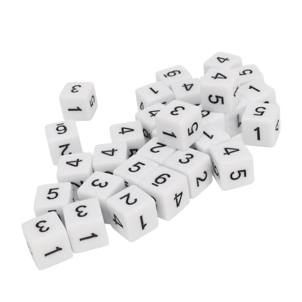 Sett med 30 plastterninger 16 mm 6 sider hvite tall for bordspill og matematikk