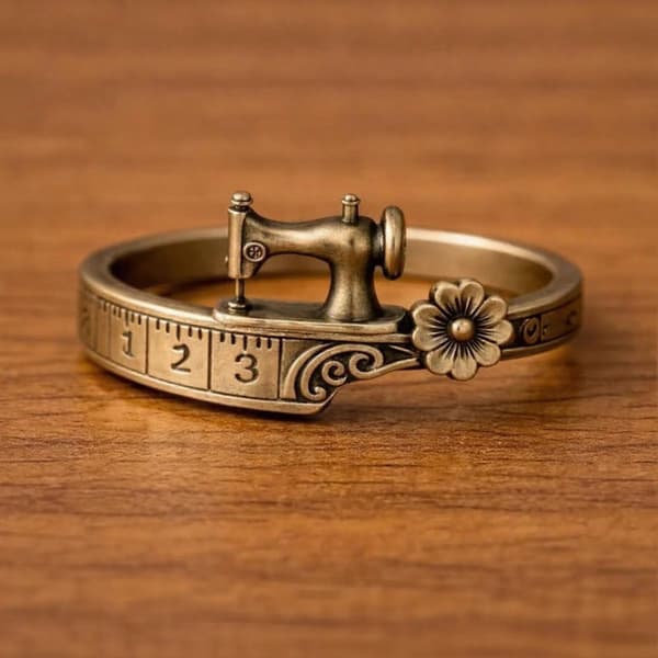 Symaskinarmbånd, vintage smykker, justerbart åpningsarmbånd/ring, tidløst design.