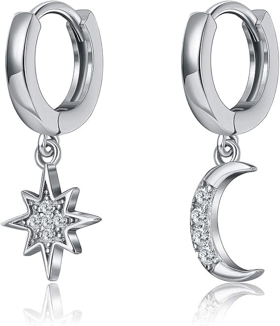 Dame Måne Stjerne Dingle Små Hoop Cubic Zirconia Øreringe Piger Sterling Sølv Krystal Asymmetrisk.