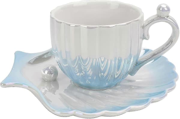 Keramisk kaffekrus med underkop, kreativ perlemorsskal kop, søde kaffekrus til kontor og hjem, 6,5 oz/200 ml til te latte mælk (gradient blå)