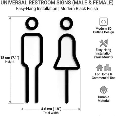 Sort, moderne, selvklæbende, elegant akryl toiletskilt med mandlige og kvindelige symboler, til gæstebadeværelse, til mænd og kvinder