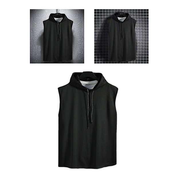 Ærmeløs hættetrøje til mænd, hudvenlig polyester, sort krave, XL