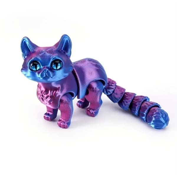 Populært 3D-printet legetøj: Besiddende Kat (12 cm lang) - Rød og blå plys