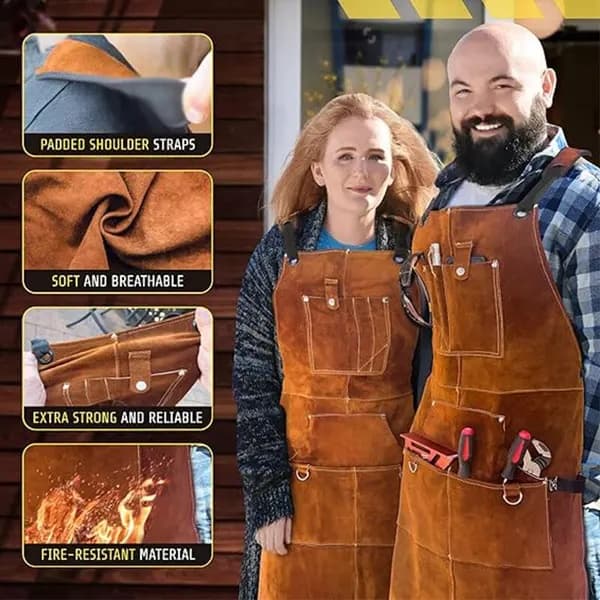 Professional Leather Welding Apron for Men with 6 Pockets. Durable Flame Retardant Welding Apron...