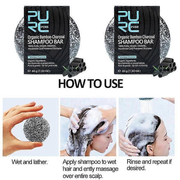 2x Sort solid shampoo med bambuskul, Solid shampoo, Rensende shampoo