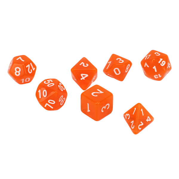 Set med 7 mini transparenta orange akryl polyhedral tärningar för brädspel
