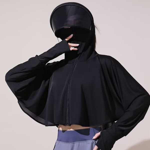 Dame langærmet UV-resistent åndbar cykel-T-shirt med hætte, størrelse L, sort