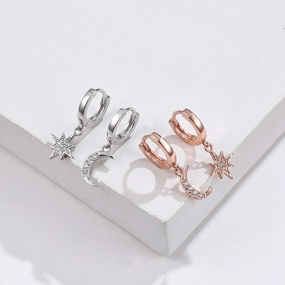 Dame Måne Stjerne Dingle Små Bøyle Cubic Zirconia Øredobber Jenter Sterling Sølv Krystall Asymmetrisk.