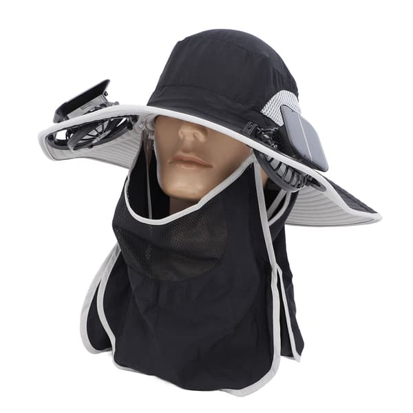 Solarhat med USB genopladelig ventilator, bred skygge, UPF50 beskyttelse til udendørs fiskeri, sort