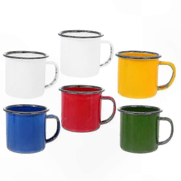 Et sæt med 6 emaljerede campingkrus, med et retrodesign, holdbare og velegnede til kaffe, te og andre drikkevarer.